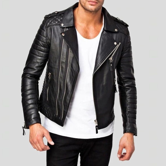 Handgefertigte Herren Schwarz Echtleder Gesteppte Bikerjacke