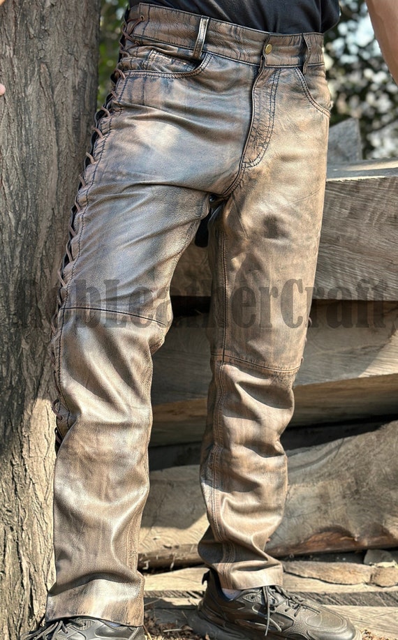 Men's Brown Distressed Genuine Leather Pants With Side Laces