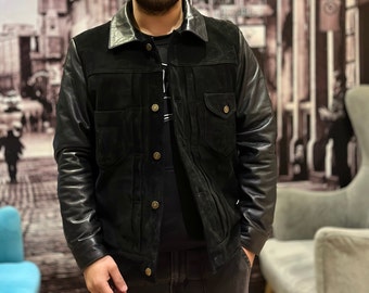 Men Leather Trucker Jacket, Men Black Suede Leather Trucker Jacket, Western Style Suede Trucker Jacket