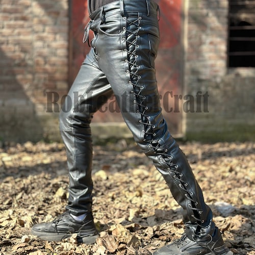 Men's Black Lambskin Leather Biker Pants With Side Laces - Etsy