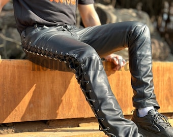 Men&#39;s Black Real Leather Slim Fit Biker Pant, Men&#39;s Black Lambskin Leather Side Laces Motorcycle Pant, Stylish Leather Pants, Club Pants