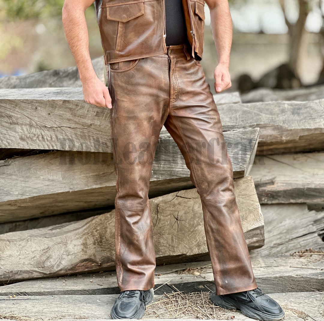 Men's Brown Distressed Genuine Leather Biker Pants: Slim Fit