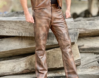 Men's Brown Distressed Genuine Leather Biker Pants: Slim Fit