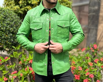 Camisa de cuero de cordero verde para hombre, estilo motero: Camisa de motociclista hecha a mano