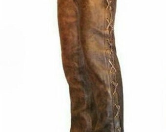 Men's Tan Brown Distressed Leather Side Laces Cowboy Style Men's Tan Brown Distressed Leather Side Laces Cowboy Style