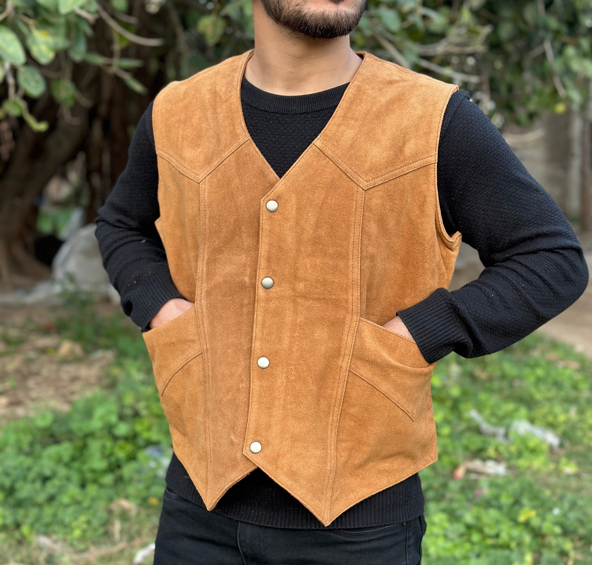 Men Suede Leather Vest, Real Suede Leather Western Cowboy Men Suede Leather Vest, Real Suede Leather Western Cowboy