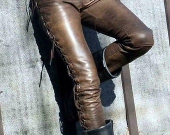 Pantalon homme en cuir vieilli marron chocolat, pantalon motard slim en cuir marron homme, pantalon en cuir vieilli marron homme, cadeau en cuir