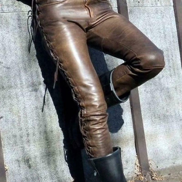 Men's Chocolate Brown Distressed Leather Pant, Men Brown Leather Slim Fit Biker Pant, Men Brown Distressed Leather Pant, Leather Gift