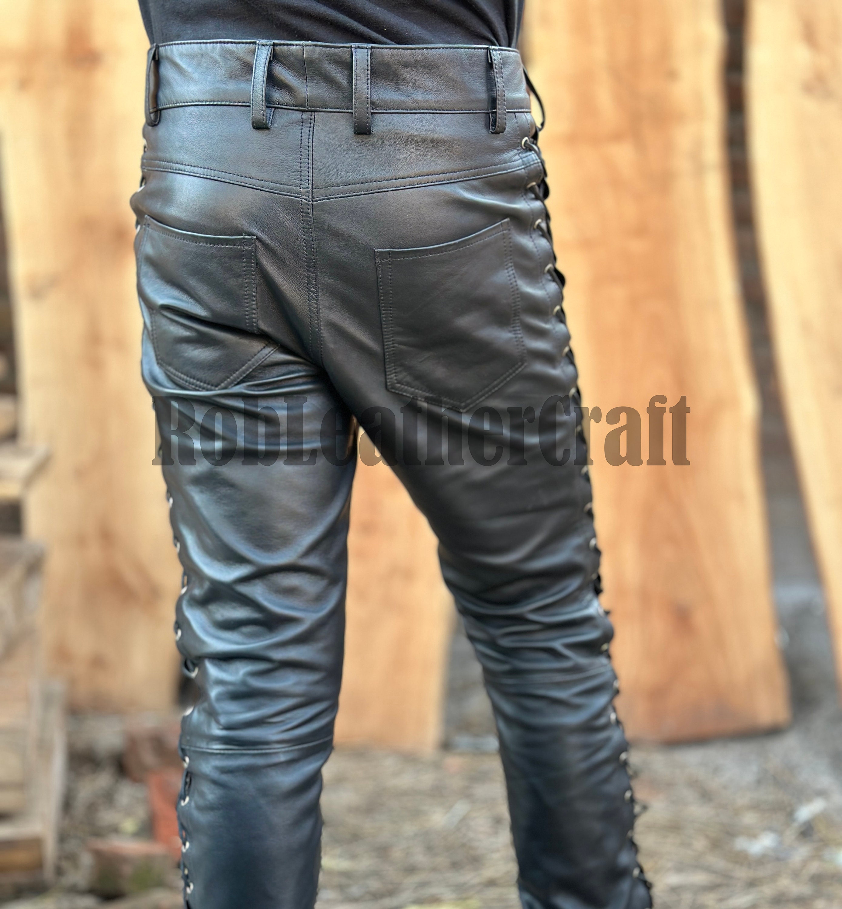 Men's Black Real Leather Slim Fit Biker Pant, Men's Black