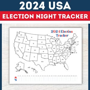 May include: A printable 2024 US Election Night Tracker. The map of the United States is divided into states, with each state labeled with its electoral votes. The map is blank, allowing users to fill in the results of the election as they come in.