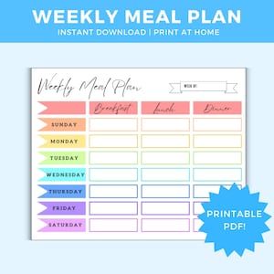 Weekly Meal Planner Printable - Rainbow  (Digital Download) Food List Shopping Instant Download PDF