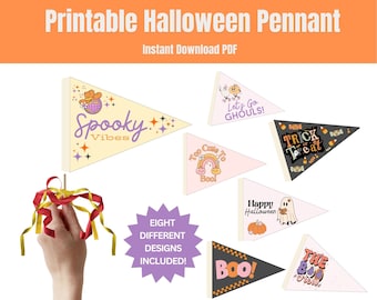 Puede incluir: Ocho diseños de banderines de Halloween imprimibles con varios temas espeluznantes y lindos. Los diseños incluyen "Spooky Vibes", "Let's Go Ghouls", "Too Cute To Boo", "Happy Halloween", "Trick or Treat", "Boo" y "The Boo Crew".