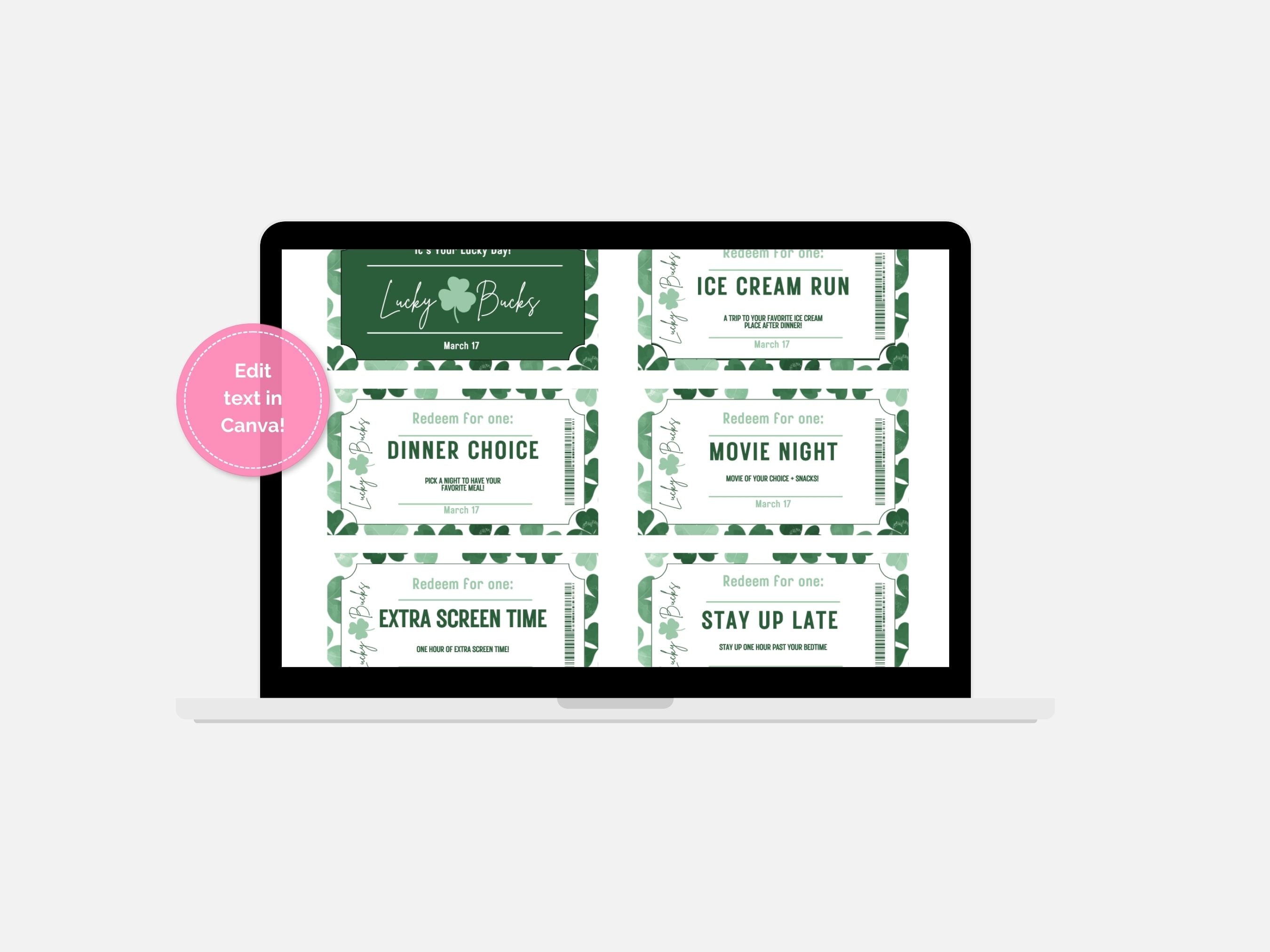 Lucky Bucks Coupon Book - St. Patrick's Day Leprechaun Gift Editable ...