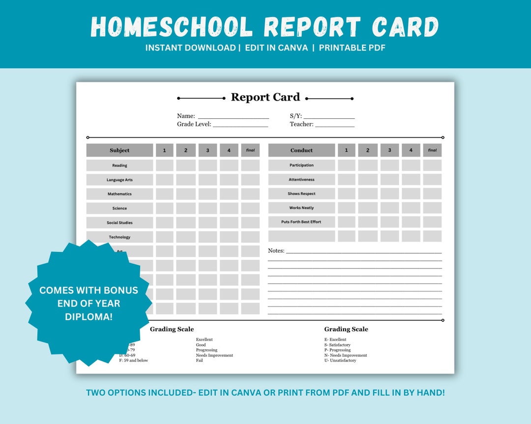 Homeschool Report Card Template (instant Digital Download / Canva ...