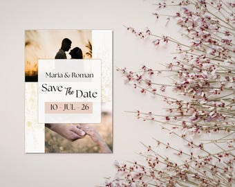 Modern Polaroid Photo Collage Save the Date Template, Elegance Gold Foil Wedding Announcement, 5x7 Custom Picture Invite, Canva Editable