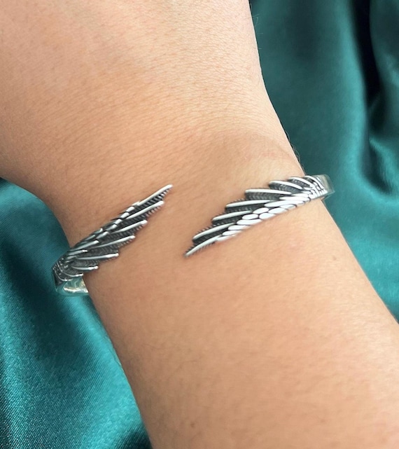 Sterling silver womens angel wings bracelet bangle black adjustable gift  bag Personalised Box with Name