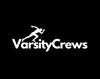 May include: A white silhouette of a runner in a starting position above the text "Varsity Crews".