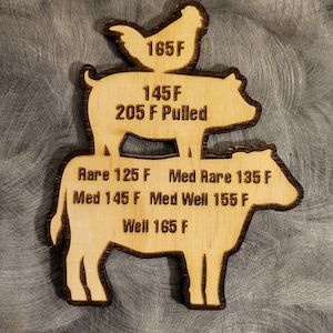 May include: Wooden cutout of a chicken, pig, and cow with internal temperature guidelines for cooking. The chicken is on top of the pig, and the pig is on top of the cow. The text reads: "165F", "145F", "205 F Pulled", "Rare 125 F", "Med Rare 135 F", "Med 145 F", "Med Well 155 F", "Well 165 F".