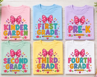 Custom Back to School Grade Shirt with Bow | Pre-K Kindergarten First Grade Second Grade Third Grade Fourth Grade Shirt | Girls School Shirt