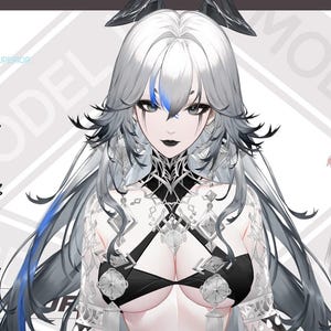 May include: Digital illustration of a female character with long, flowing silver hair with blue highlights. She wears a black top and a long, flowing skirt. The image includes various facial expressions and the text "TOP-TIRE".