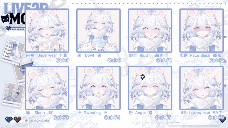 May include: A digital art display featuring a character with white hair and mouse-like ears, in various emotional states. The character is wearing a blue and white outfit. Text in the image includes "Underwear", "Bowl", "Blush", "Face Black", "Sleep", "Sweating", "Anger", and "Touching Head".