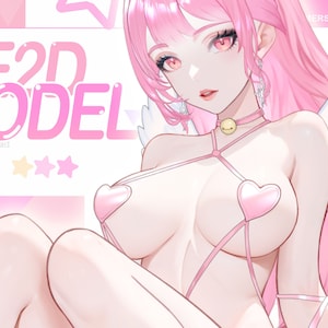 May include: A pink and white digital illustration of a female anime character with pink hair and wings. The character is wearing a pink and white outfit with heart-shaped details. The text "LIVE2D MODEL" is displayed in pink letters at the top of the image.