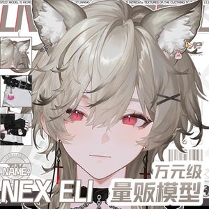 Op de afbeelding: Digitale illustratie van een personage met lichtgrijs haar, rode ogen en dierenoren. Het personage draagt een zwarte choker en kruisvormige oorbellen. Tekst bevat "NEX ELI" en Chinese karakters.