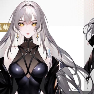 May include: A digital illustration of a woman with long silver hair wearing a black leather outfit with a black leather jacket. The text "Mystic 虚空丝带" is visible in the image.