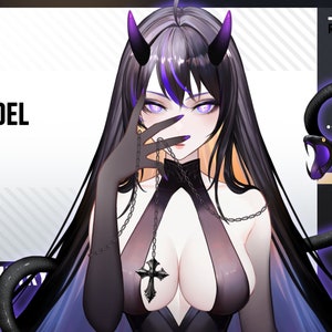May include: A digital illustration of a woman with long black hair and purple eyes. She is wearing a black outfit with a cross pendant and a snake is wrapped around her arm. The text "LIVE2D MODEL" is in the upper left corner of the image.