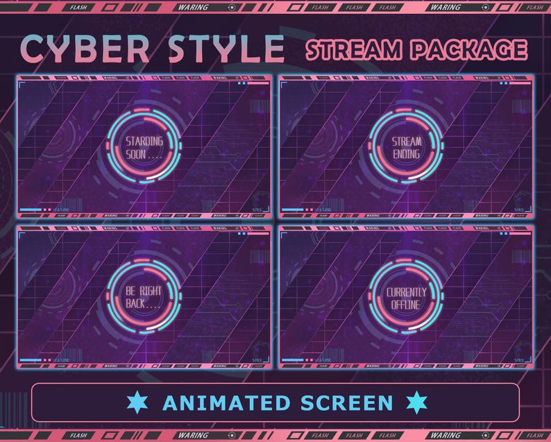 Aniamted Cyber Style Stream Overlay Pack-twitch Stream Screens-overlays ...