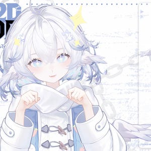 May include: A digital illustration of a character with white hair and blue eyes, wearing a white coat with blue accents and a blue skirt. The image includes the text "LIVE2D MODEL" and other graphic elements.