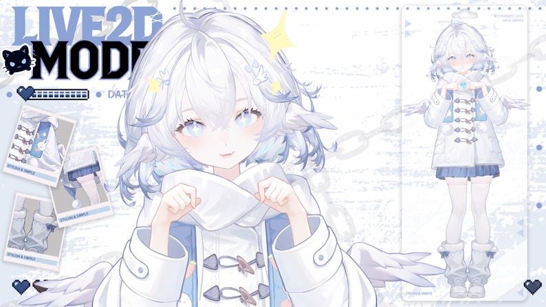 May include: A digital illustration of a character with white hair and blue eyes, wearing a white coat with blue accents and a blue skirt. The image includes the text "LIVE2D MODEL" and other graphic elements.