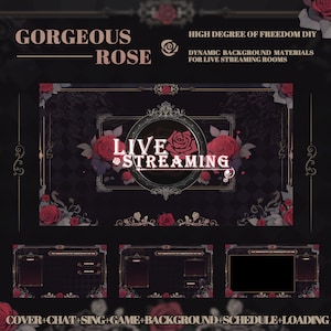Peut inclure: Une superposition de streaming en direct noire et dorée sur le thème de la rose. La superposition présente un grand cercle avec le texte "LIVE STREAMING" en lettres néon roses. La superposition comprend également un motif en damier noir et blanc, des roses et des vignes.