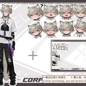 May include: A digital art illustration featuring a character with cat ears, wearing a white t-shirt, black pants, and accessories. The image includes various facial expressions and a digital interface with the text "LIVE2D MODEL".