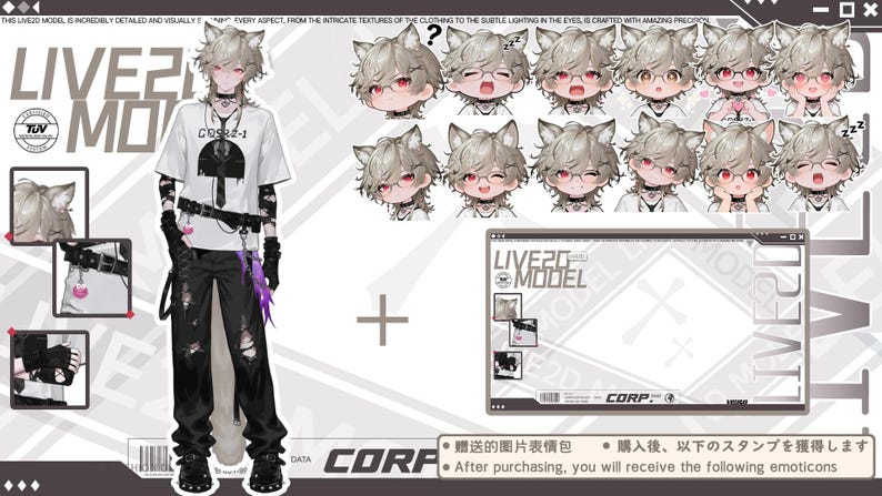 May include: A digital art illustration featuring a character with cat ears, wearing a white t-shirt, black pants, and accessories. The image includes various facial expressions and a digital interface with the text "LIVE2D MODEL".