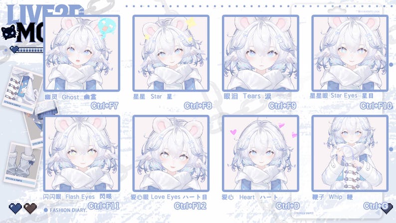 May include: A digital art graphic featuring a character with white hair and bear ears, showcasing various facial expressions. The image includes text labels in English and Japanese, such as "Ghost," "Star," and "Tears."