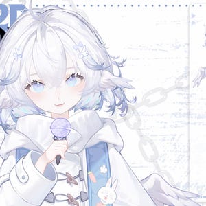 May include: A digital illustration of a character with white hair and blue eyes, holding a microphone. The character wears a white coat with blue accents and a matching skirt. The words "LIVE 2D MOD" are visible.