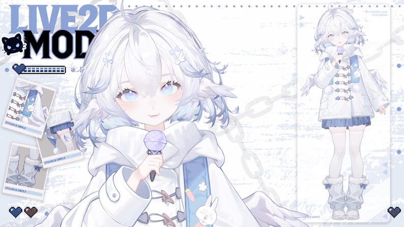 May include: A digital illustration of a character with white hair and blue eyes, holding a microphone. The character wears a white coat with blue accents and a matching skirt. The words "LIVE 2D MOD" are visible.