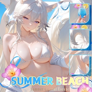 May include: An anime-style character with long white hair and fox ears wearing a white bikini top. The image features text reading SUMMER BEACH and Summer Coastal Escape, alongside three inset panels showing a blue drink, white fur, and a bikini.