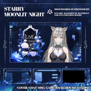 Könnte beinhalten: Eine digitale Illustration einer sternenklaren Nachtszene mit einem blauen und weißen Blumendesign. Die Illustration zeigt eine weibliche Figur mit weißen Haaren und einem blauen und schwarzen Outfit. Der Text "LIVE + STREAMING" wird in einem weißen Kasten mit blauem Rand angezeigt. Der Text "NAME" wird in einem weißen Kasten mit blauem Rand angezeigt. Der Text "COMMENT" wird in einem weißen Kasten mit blauem Rand angezeigt. Der Text "COVER+CHAT+SING+GAME+BACKGROUND+LOADING" wird am unteren Rand der Illustration angezeigt.