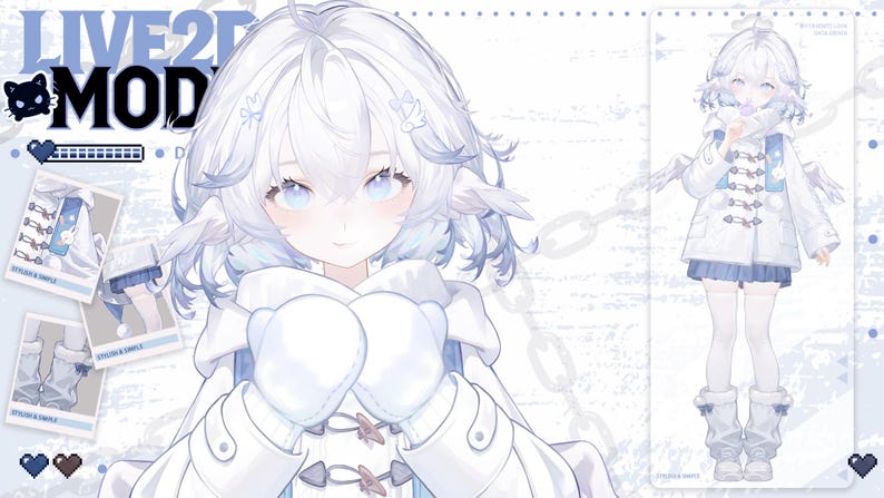 May include: A digital illustration of a character with white hair and blue eyes, wearing a white coat with blue accents. The image includes the text "LIVE2D MOD" and additional character design elements.