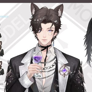 May include: Digital artwork featuring a character with dark hair, cat ears, and angel wings, holding a glass of purple liquid. The character is dressed in a black and white suit with chains and a choker. The image includes character stickers and text that reads "TOP-TIRE".