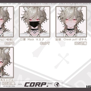 May include: A digital art graphic featuring a character with animal ears and various facial expressions. The character has light-colored hair, red eyes, and wears a choker. The image includes text in English and Japanese, with the word "LIV" prominently displayed.