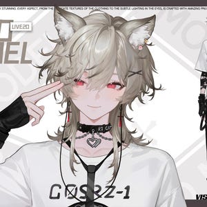 May include: Illustration of a character with cat ears, red eyes, and light brown hair. The character wears a white t-shirt with text, a black choker, and black ripped pants. The image includes the text "LIVE20 MODEL".