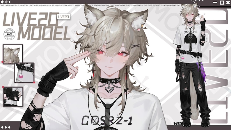 May include: Illustration of a character with cat ears, red eyes, and light brown hair. The character wears a white t-shirt with text, a black choker, and black ripped pants. The image includes the text "LIVE20 MODEL".