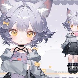 Op de afbeelding: Digitale illustratie van een anime-personage met kattenoren in een grijs en zwart outfit, met een knuffel. De afbeelding bevat een volledige lichaamshouding en outfitdetails. Tekst aan de rechterkant luidt "LIVE2D MODEL".