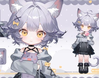 May include: A digital illustration of a cat-eared anime character in a gray and black outfit, holding a plush toy. The image includes a full body pose and outfit details. Text on the right side reads "LIVE2D MODEL".