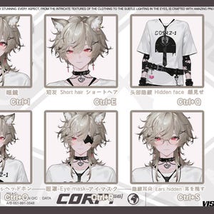May include: A digital art display featuring a character with cat ears and various outfit options. The character has light-colored hair, red eyes, and wears a choker. The image includes text in English and Japanese, with options for glasses, short hair, and hidden face.