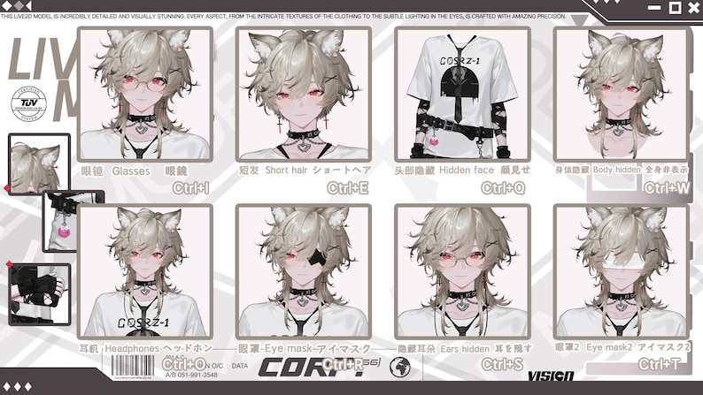 May include: A digital art display featuring a character with cat ears and various outfit options. The character has light-colored hair, red eyes, and wears a choker. The image includes text in English and Japanese, with options for glasses, short hair, and hidden face.