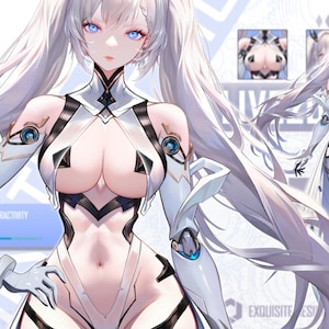 May include: A digital illustration of a white-haired anime character wearing a white and black outfit with a blue and gold design. The character has blue eyes and is standing in a pose with their arms crossed. The background is a white and blue design with text that reads "EXQUISITE" and "DATA-DRIVEN".